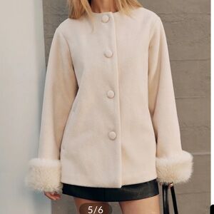 Commense Cream Wool-Blend Coat with Faux Fur Cuffs